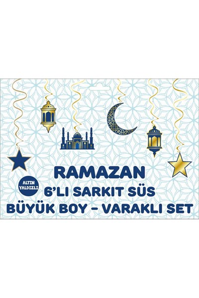 Altın Yaldızlı Ramazan Tavan Sarkıt Süsü 6lı Mahya Hilal Cami Lacivert Konsept Dini Bayram Süsü