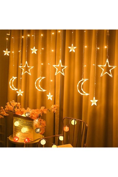 Ay Hilal Yıldız Perde Led Günışığı Ramazan Bayramı Süsü Işığı 3 Metre Sarı Fişli 12 Saçak 8 Mod