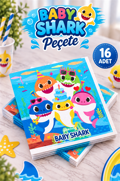 Baby Shark Karakter Temalı Peçete Bebek Köpekbalığı Doğum Günü Parti Konsepti 16 Adet 16x16 Cm