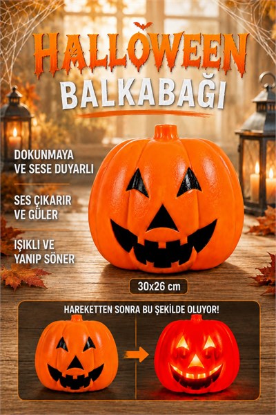 Balkabağı 30x26 Cm Işıklı Müzikli Sese Ve Dokunmaya Duyarlı Halloween Dekoru Cadılar Bayramı Süsü