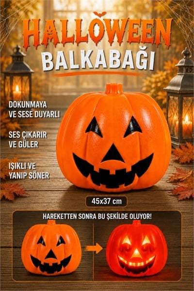 Balkabağı 45x37 Cm Işıklı Müzikli Sese Ve Dokunmaya Duyarlı Halloween Dekoru Cadılar Bayramı Kabak