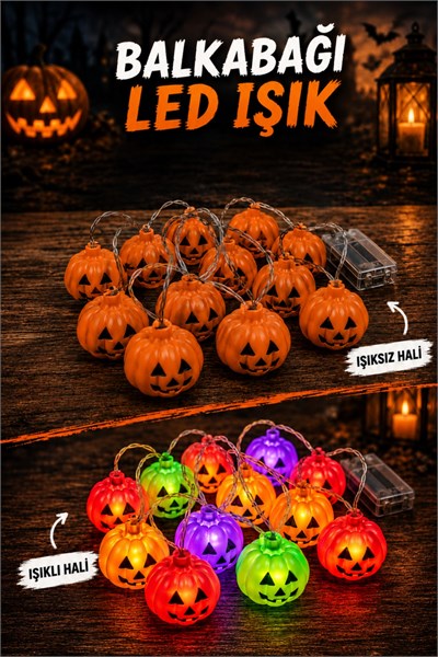 Balkabağı Led Işık Karışık Renkli 12 Kabaklı 220 Cm Pilli Halloween Cadılar Bayramı Dekor Süsü