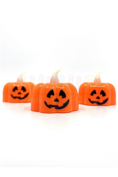Balkabağı Şekilli Beyaz Işıklı Pilli Tealight Mum Halloween Partisi Cadılar Bayramı 3 Adet 4.5x4.5cm