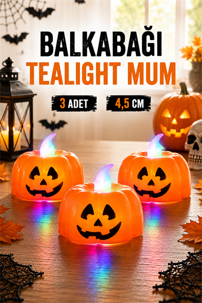 Balkabağı Şekilli Beyaz Işıklı Pilli Tealight Mum Halloween Partisi Cadılar Bayramı 3 Adet 4.5x4.5cm