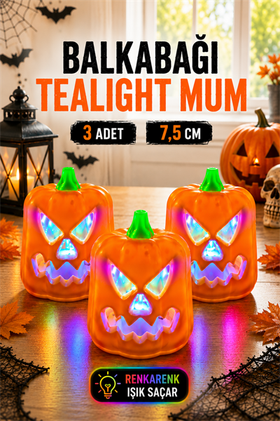 Balkabağı Şekilli Rengarenk Işıklı Pilli Büyük Tealight Mum Halloween Cadılar Bayramı 3 Adet 7x5 Cm