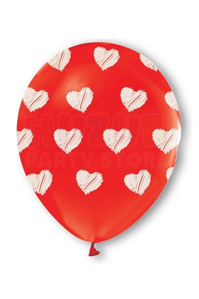 Beyaz Kalp Baskılı Kırmızı Balon 10 Adet 30 Cm Kara Kalem Çizim Tipi Baskı Sevgililer Günü Romantik