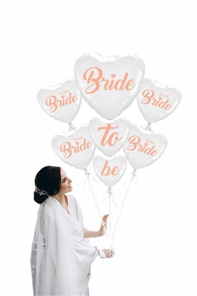 Bride To Be 5 Parça 7 Balon Folyo Kalp Set Beyaz Üstüne Rose Gold Renk 100 Cm Bekarlığa Veda Partisi