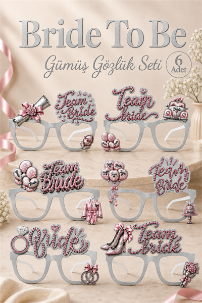 Bride To Be Gümüş 6'lı Gözlük Seti Team Bride Yazılı Bekarlığa Veda Gelin Partisi Fotoğraf Aksesuarı
