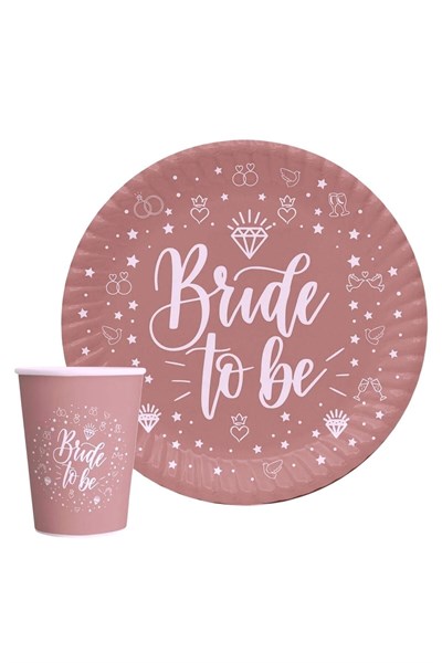 Bride To Be Yazılı 8li Tabak Bardak Seti Rose Pembesi Renkli Yüzük Detaylı Bekarlığa Veda Partisi