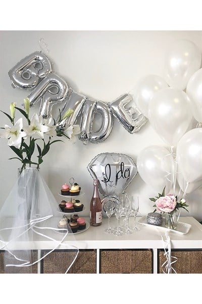Bride Yazılı Folyo Balon Konsept Gümüş Renkli Gri Bekarlığa Veda Partisi Temalı Büyük Balon