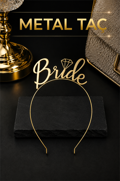 Bride Yazılı Metal Taç Gold Renkli Altın Sarısı Bekarlığa Veda Partisi Konsepti Kaliteli Taç