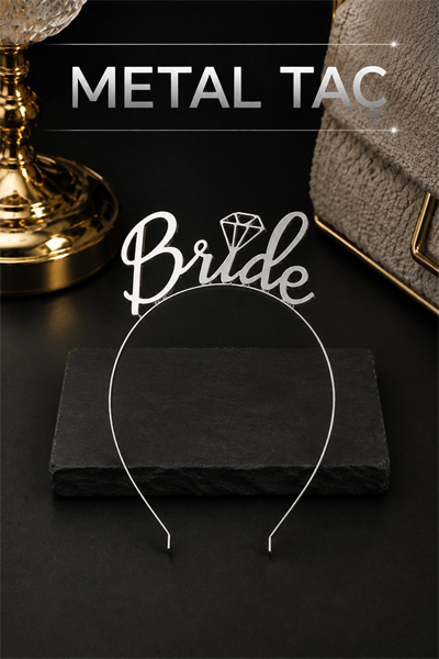 Bride Yazılı Metal Taç Gümüş Renkli Gri Renginde Bekarlığa Veda Partisi Konsepti Kaliteli Taç