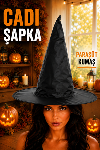 Cadı Şapkası Siyah Renk Paraşüt Kumaş Halloween Cadılar Bayramı Aksesuarı Unisex Standart Beden