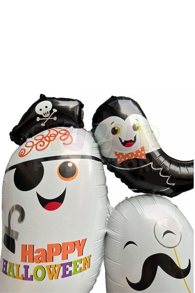 Cadılar Bayramı Folyo Balon 100x95 Cm 3 Lü Hayaletler Beyaz Siyah Renkli Happy Halloween Baskılı Süs