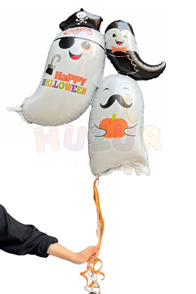 Cadılar Bayramı Folyo Balon 100x95 Cm 3 Lü Hayaletler Beyaz Siyah Renkli Happy Halloween Baskılı Süs