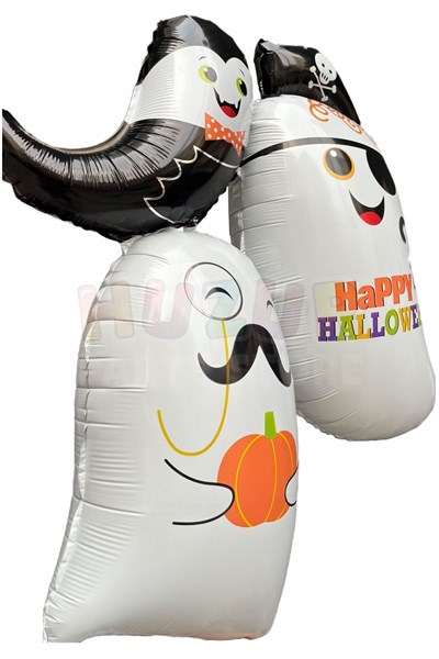 Cadılar Bayramı Folyo Balon 100x95 Cm 3 Lü Hayaletler Beyaz Siyah Renkli Happy Halloween Baskılı Süs