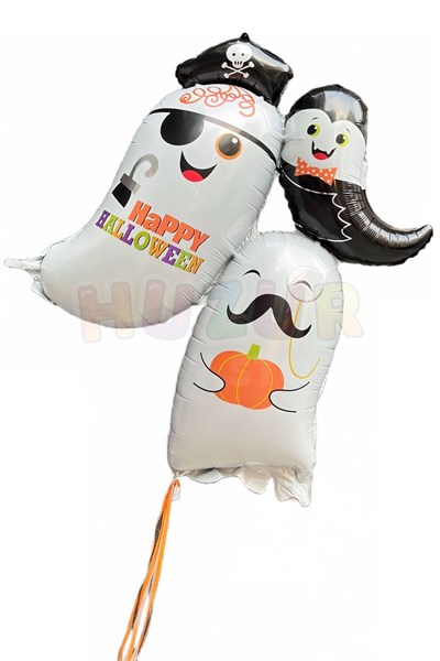 Cadılar Bayramı Folyo Balon 100x95 Cm 3 Lü Hayaletler Beyaz Siyah Renkli Happy Halloween Baskılı Süs
