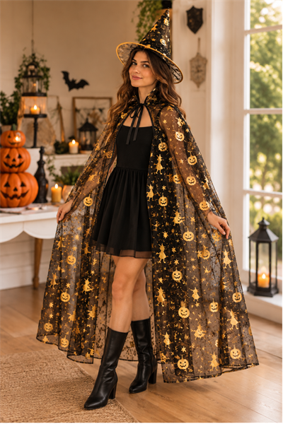 Cadılar Bayramı Pelerin Şapka Seti Gold Altın Sarısı Cadı Yarasa Baskılı Halloween Parti Kostümü