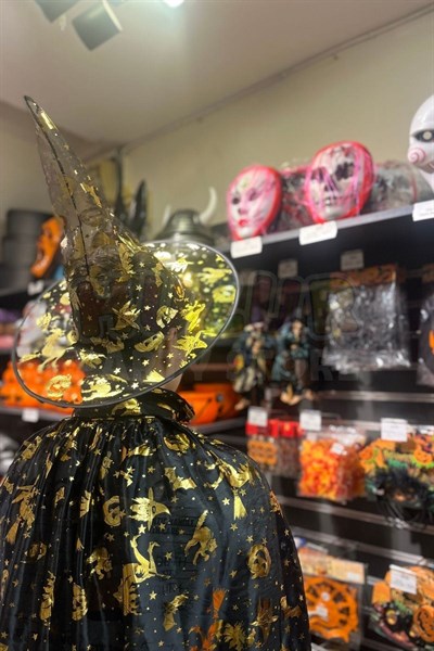 Cadılar Bayramı Pelerin Şapka Seti Gold Altın Sarısı Cadı Yarasa Baskılı Halloween Parti Kostümü