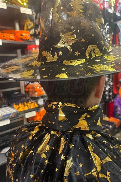 Cadılar Bayramı Pelerin Şapka Seti Gold Altın Sarısı Cadı Yarasa Baskılı Halloween Parti Kostümü