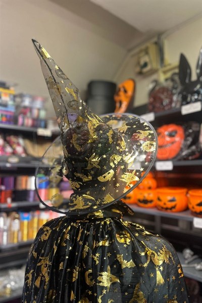 Cadılar Bayramı Pelerin Şapka Seti Gold Altın Sarısı Cadı Yarasa Baskılı Halloween Parti Kostümü