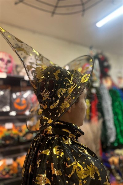Cadılar Bayramı Pelerin Şapka Seti Gold Altın Sarısı Cadı Yarasa Baskılı Halloween Parti Kostümü