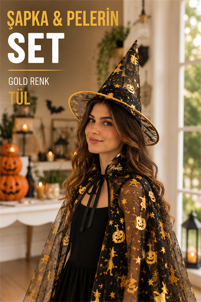 Cadılar Bayramı Pelerin Şapka Seti Gold Altın Sarısı Cadı Yarasa Baskılı Halloween Parti Kostümü