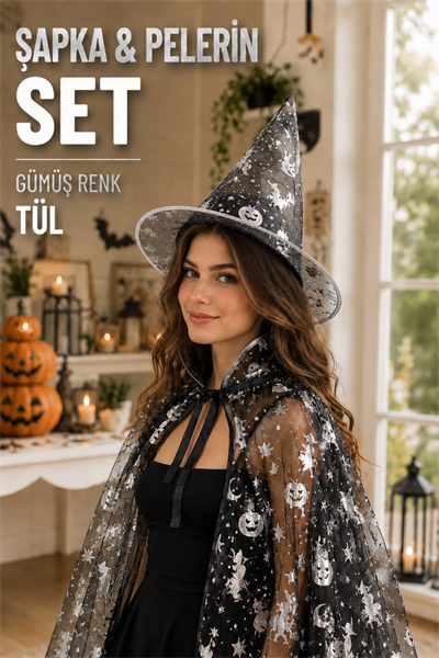 Cadılar Bayramı Pelerin Şapka Seti Gümüş Gri Cadı Yarasa Kedi Baskılı Halloween Partisi Kostümü
