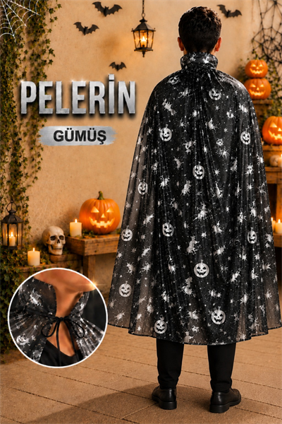 Cadılar Bayramı Pelerini Siyah Renkli Gümüş Gri Cadı Yarasa Kedi Baskılı Halloween Partisi Kostümü