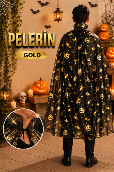 Cadılar Bayramı Pelerini Siyah Renkli Gold Altın Sarısı Cadı Yarasa Baskılı Halloween Parti Kostümü