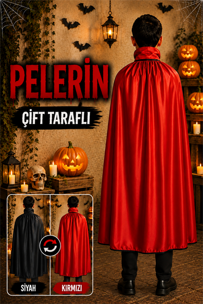 Çift Taraflı Giyilebilen Cadılar Bayramı Pelerini Siyah Kırmızı Renkli Düz Halloween Partisi Kostümü