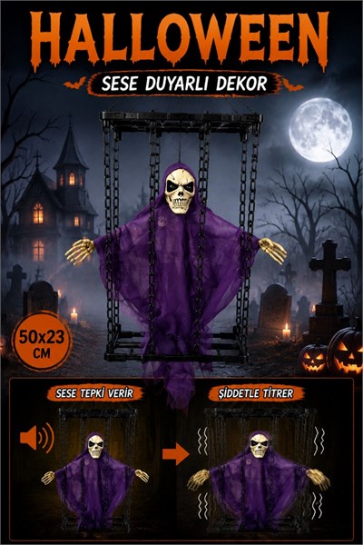 Çılgınca Titreyen Mor Kafatası Cadı 50x23 Cm Işıklı Sesli Sese Duyarlı Cadılar Bayramı Halloween