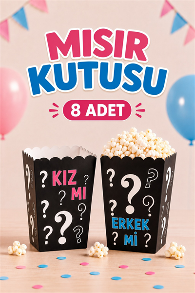 Cinsiyet Belirleme Partisi Mısır Kutusu 8li Kız Mı Erkek Mi Karton Cips Kutusu 8 Adet Pop Corn
