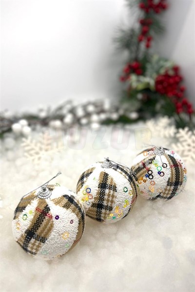 Desenli Cici Top 3lü 8 Cm Ekoseli Sütlü Kahve Rengi Kumaşa Baskı Renkli Çam Ağacı Yılbaşı Süsü