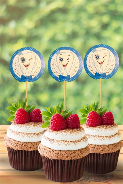 Diş Figürlü Mavi Konsept Kürdan 20 Adet 9 Cm Cupcuke Muffin Kürdanı Inci Dişli Erkek Diş Buğdayı