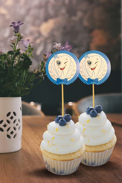Diş Figürlü Mavi Konsept Kürdan 20 Adet 9 Cm Cupcuke Muffin Kürdanı Inci Dişli Erkek Diş Buğdayı