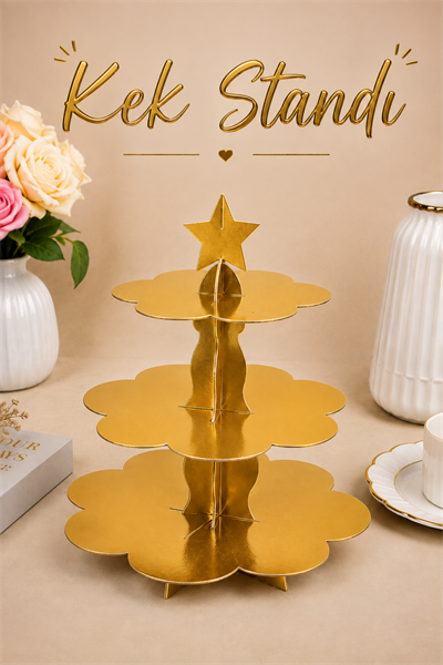 Düz Gold Kek Standı Karton Cup Cake Muffin Standı 3 Katlı Piramit Kurabiye Kulesi Altın Sarısı Renk