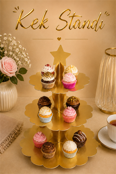 Düz Gold Kek Standı Karton Cup Cake Muffin Standı 3 Katlı Piramit Kurabiye Kulesi Altın Sarısı Renk