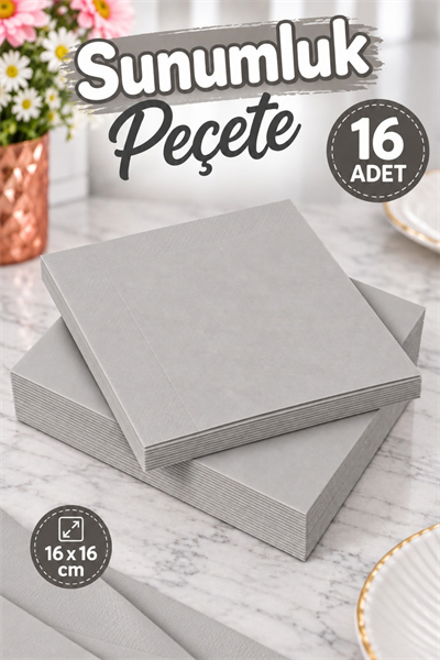 Düz Gri Renkli Peçete 16 Adet Yüksek Emiş Güçlü Gümüş Dekoratif Doğum Günü Parti Konsepti 16x16 Cm