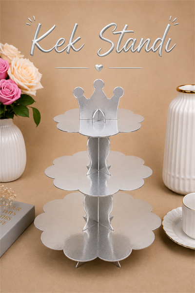 Düz Gümüş Kek Standı Karton Cup Cake Muffin Standı 3 Katlı Piramit Kurabiye Kulesi Silver Gri Renk