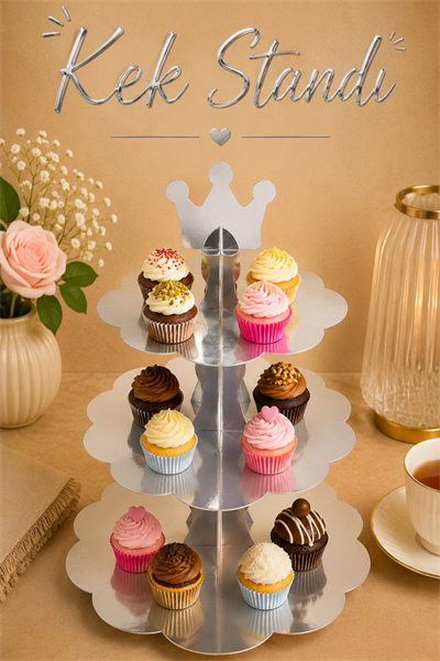 Düz Gümüş Kek Standı Karton Cup Cake Muffin Standı 3 Katlı Piramit Kurabiye Kulesi Silver Gri Renk
