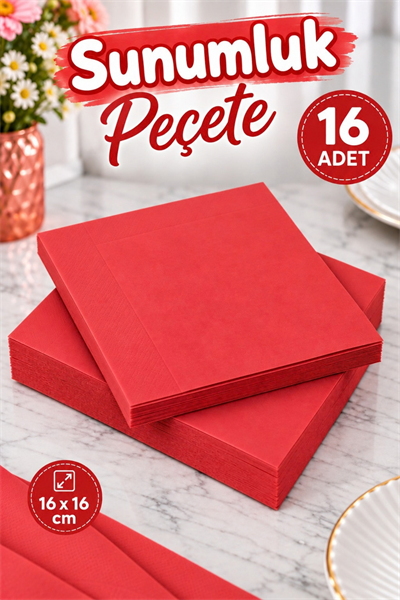 Düz Kırmızı Renkli Sunumluk Peçete 16 Adet Dekoratif Romantik Doğum Günü Parti Konsept 16x16 Cm