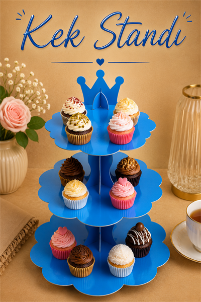 Düz Mavi Kek Standı Karton Cup Cake Muffin Standı 3 Katlı Piramit Kurabiye Kulesi Erkek Konsept