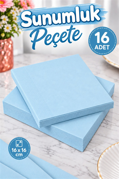 Düz Mavi Renkli Sunumluk Peçete 16 Adet Dekoratif Estetik Doğum Günü Parti Konsepti 16x16 Cm