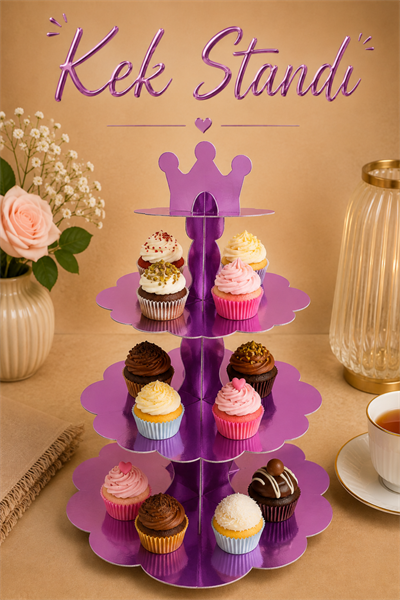 Düz Mor Kek Standı Karton Cup Cake Muffin Standı 3 Katlı Piramit Kurabiye Kulesi Konsept Renk