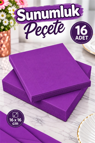 Düz Mor Renkli Peçete Sunumluk 16 Adet Dekoratif Estetik Doğum Günü Parti Konsepti 16x16 Cm