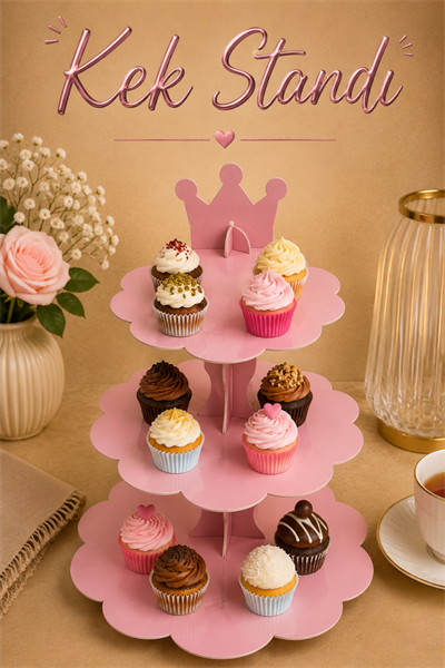 Düz Pembe Kek Standı Karton Cup Cake Muffin Standı 3 Katlı Piramit Kurabiye Kulesi Konsept Renk