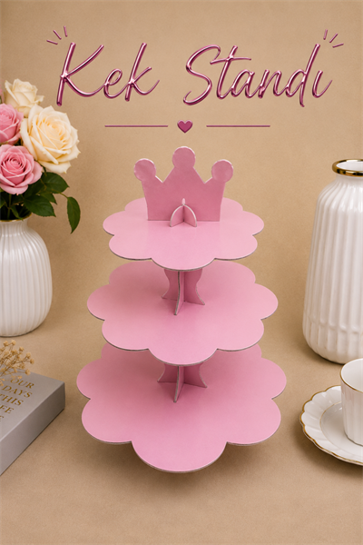 Düz Pembe Kek Standı Karton Cup Cake Muffin Standı 3 Katlı Piramit Kurabiye Kulesi Konsept Renk