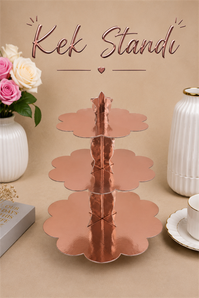 Düz Rose Gold Kek Standı Karton Cup Cake Standı 3 Katlı Piramit Kurabiye Kulesi