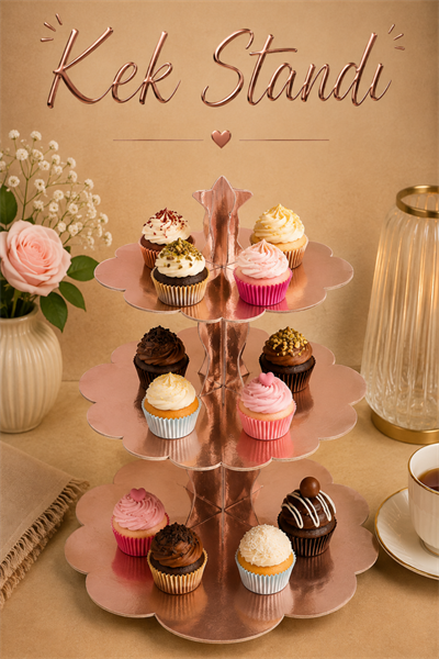 Düz Rose Gold Kek Standı Karton Cup Cake Standı 3 Katlı Piramit Kurabiye Kulesi
